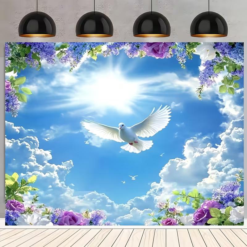 Serene Dove Tapestry, Peaceful Scene of a White Dove Soaring Under a Sunny Sky with Blooming Flowers, Gentle and Spiritual Wall Art