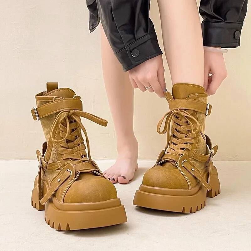 Thick Platform Boots Women'S Versatile Lace Up Ankle Boots  Autumn Winter New Patchwork Fabric Thick Soled Short Biker Boots