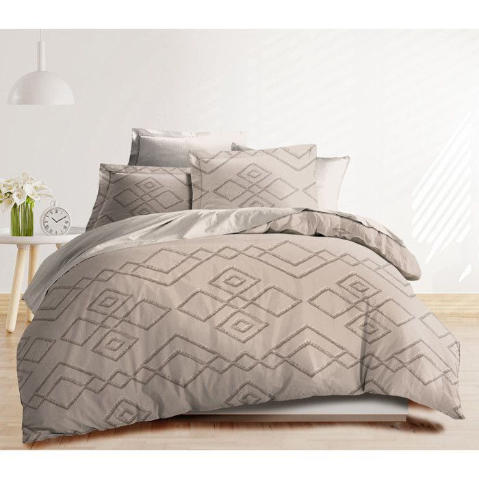 Parure de couette 3P "Louna" 260 x 240 cm Losange Relief King size Coton Pur - -