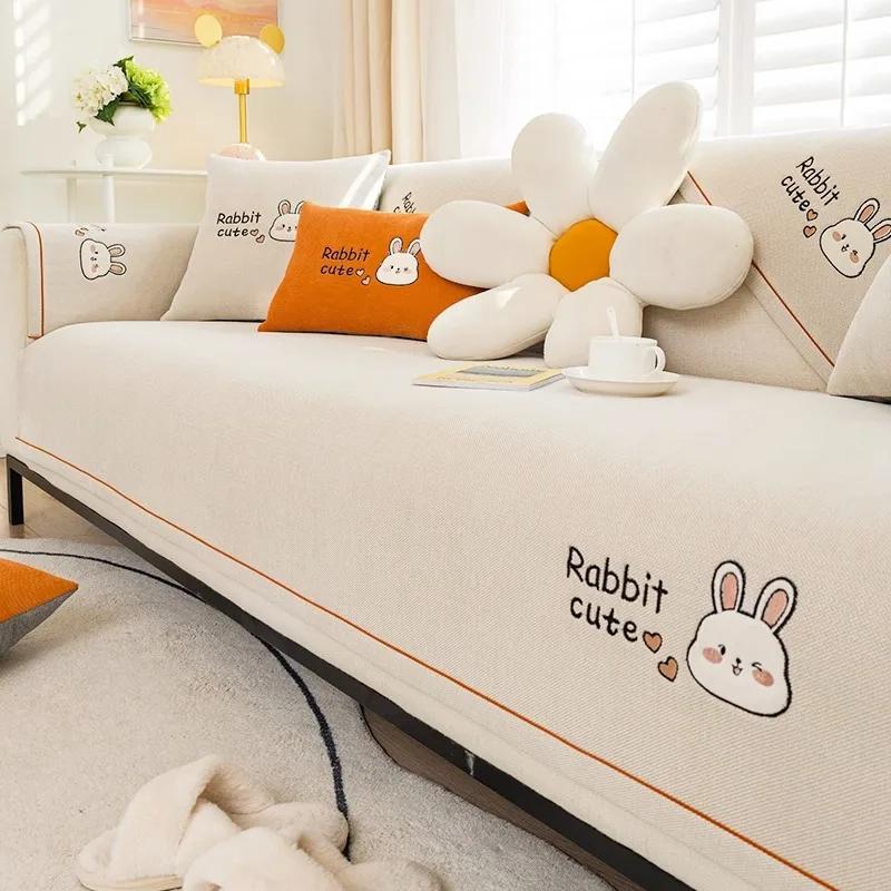 Four Seasons Sofa Cover Combination Corner Couch Towel Embroidered Rabbits Sofa Mat Pet Sofa Cushion Slipcover for Living Room