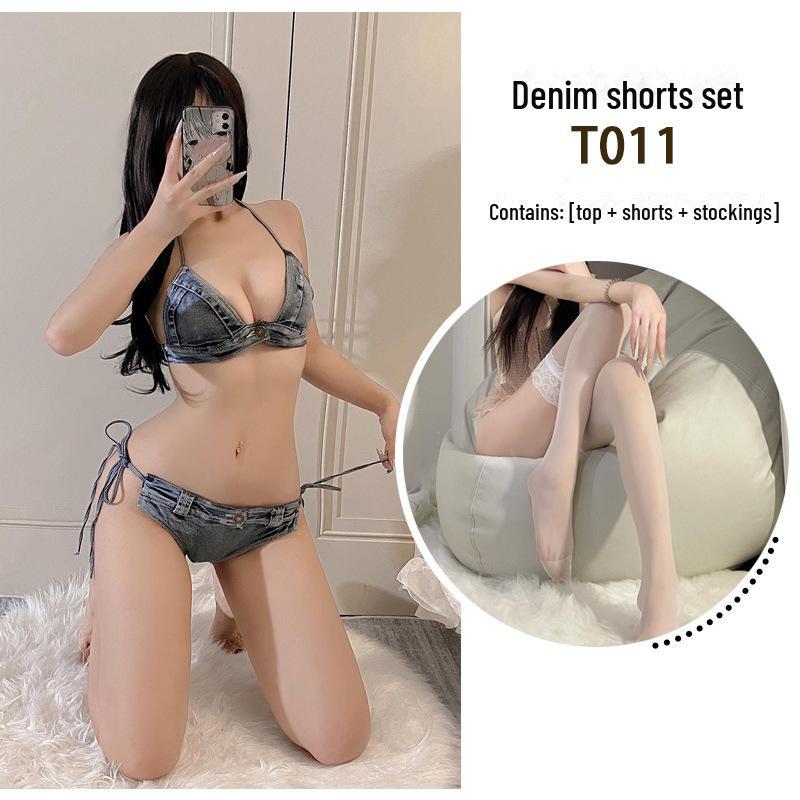 Jinxiao Retro Passion Lingerie: No-Remove Hot Temptation Split-Strap Denim Shorts
