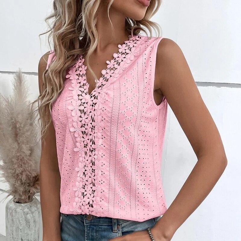 V Yaka Dikiş Seksi Hollow Dantel Kadın Gömlek Rahat Yaz Kolsuz Bluz Kadın Vintage Zarif Üstleri Moda Giyim 25894
