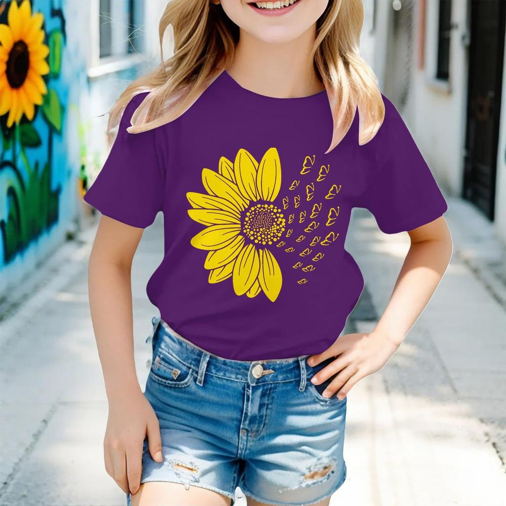 Kids Fashion Short Sleeve Round Neck Floral Printed Casual T-Shirt Top