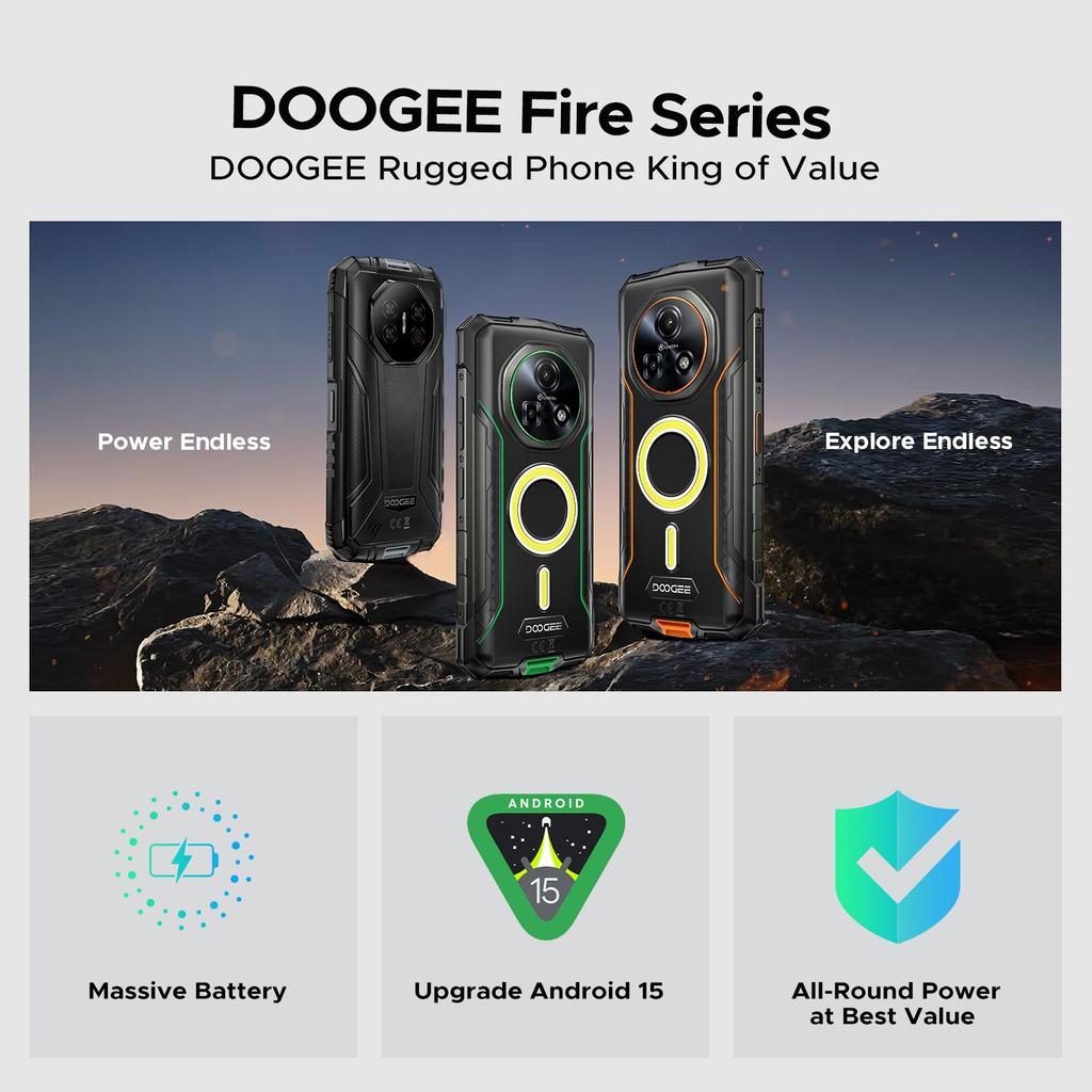 DOOGEE Fire 7 Pro Rugged Phone 5G,POC Intercom Function,Dual Camping Lights,32GB+256GB/2TB, 13000mAh/33W, 6.6" HD+IPS, 64MP+20MP