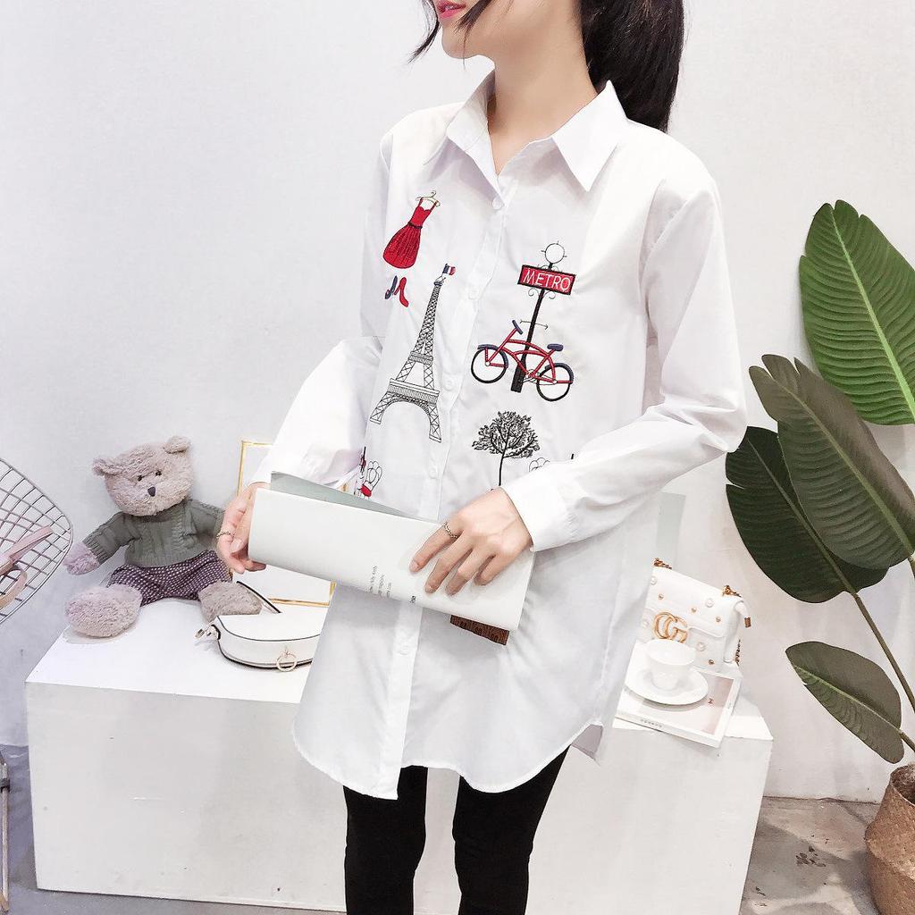 Damen Locker Geschnittenes Mittellanges Bedrucktes Weißes Hemd - Herbst Koreanischer Stil