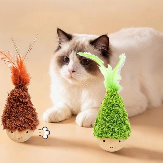Wobbling Cat Toy Wooden Base Cat Teaser with Feathers Interactive Wobble Cat Kicker Toy for Cat Patting Solo Entertainment