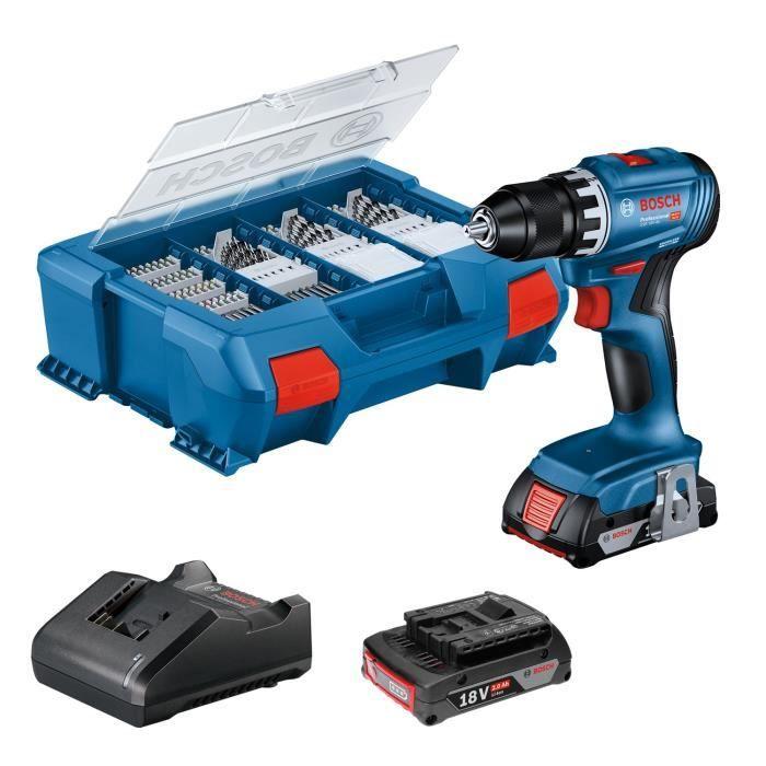 Perceuse-visseuse Bosch professional GSR 18V + 2 batteries 2,0Ah + chargeur + 82 pièces, en L-Case