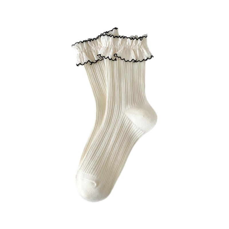 Chaussettes ankle en dentelle douce à volants et revers pour femme Style japonais Fille Dame Princesse Côtelées en coton à volants Mi-hautes