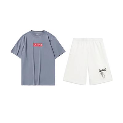 Li Ning Logo Letter Print Comfortable Breathable Versatile Round Neck Pullover Short Sleeve T-Shirt Casual Sports Set Unisex Tops AHST461-3+AKST593-7
