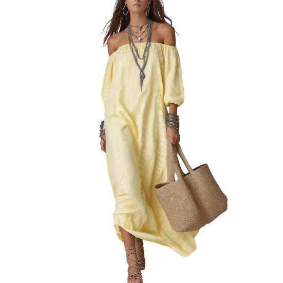

Summer Maxi Dress for Women Off Shoulder Short Sleeve Long Dress Casual Striped Vacation Flowy Long Sundress S жёлтый