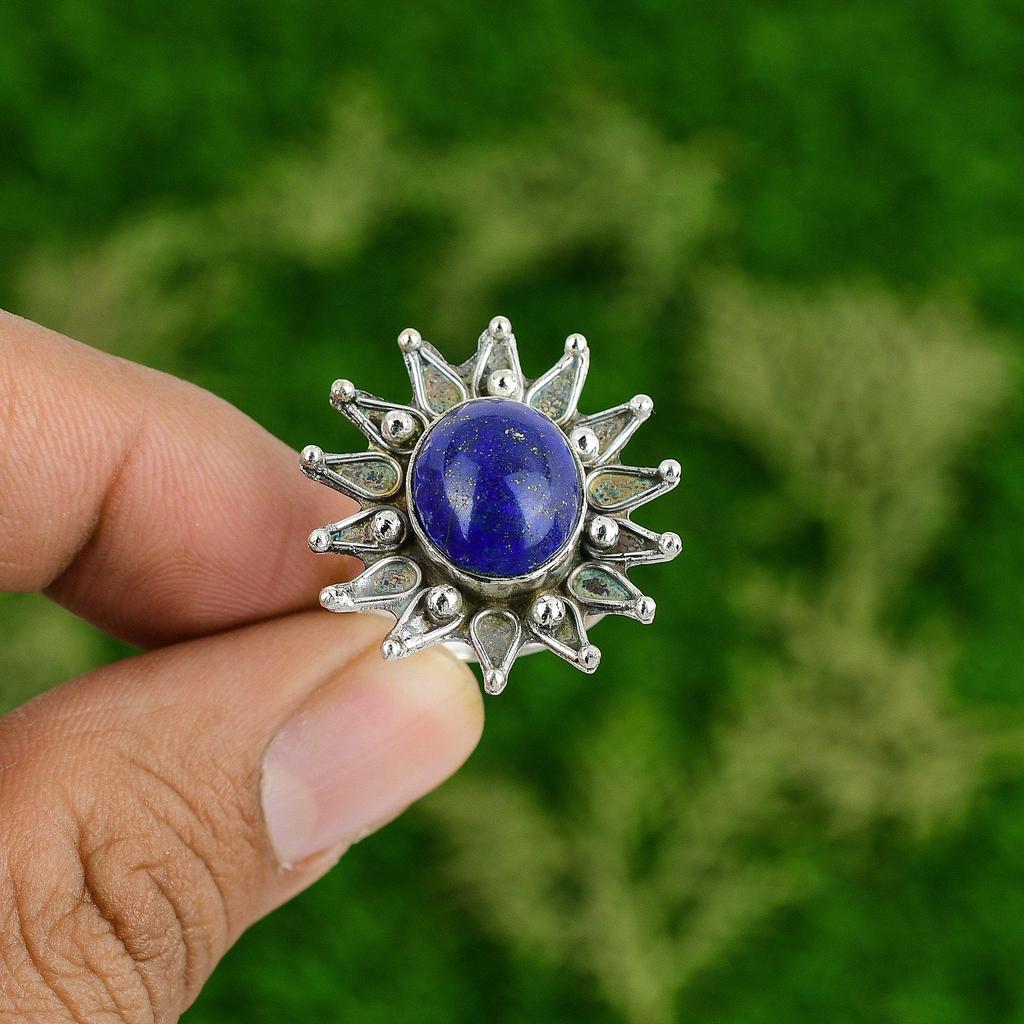 Gift For Her Natural Lapis Lazuli Promise Flower Adjustable Ring 925 Silver