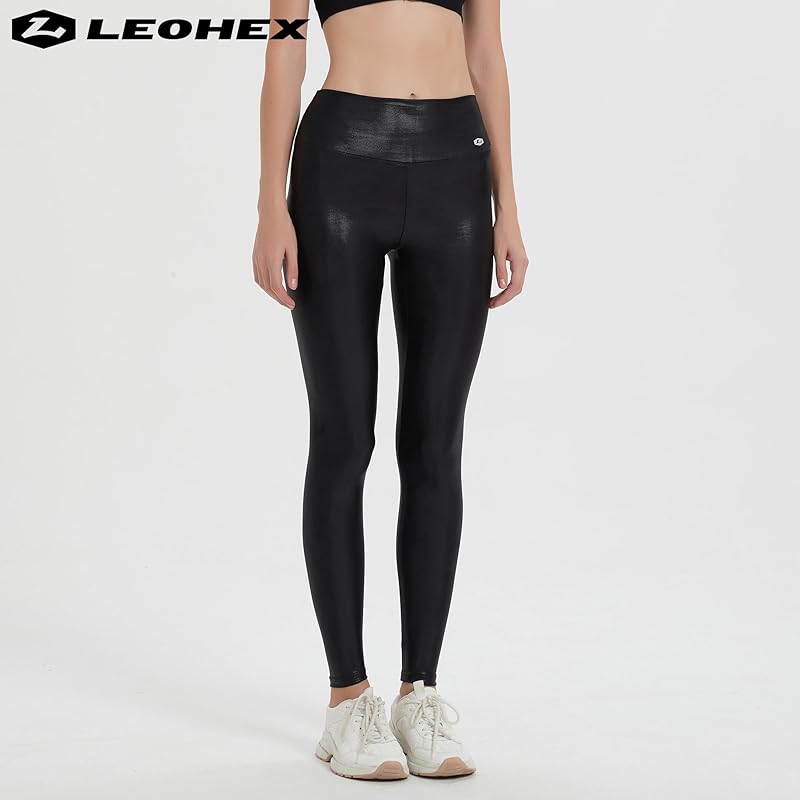 [LEOHEX] Ladies Stretch Lycra Leggings Pants Sexy Luster High Waist Tights (black, L)