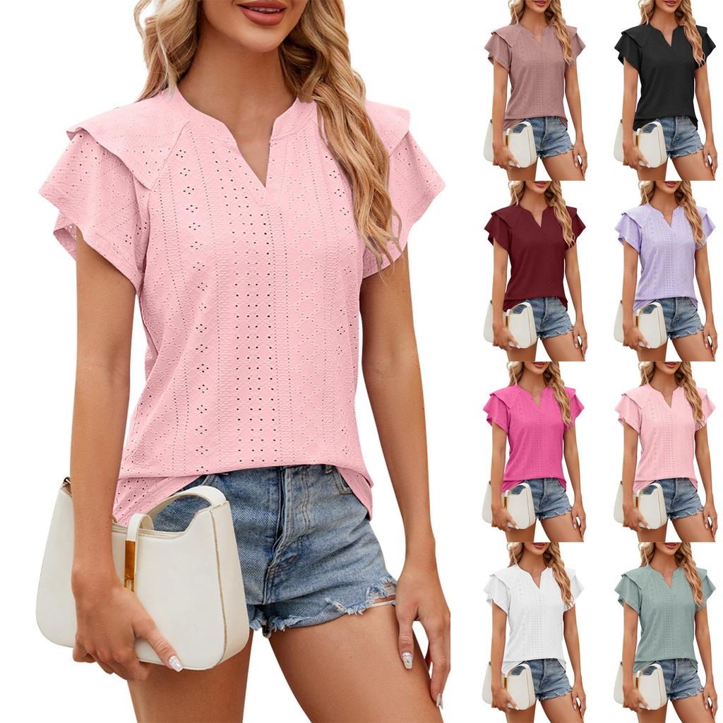 Ladies Casual Fashion Sexy Double Layer Ruffle Sleeve V-Neck Top