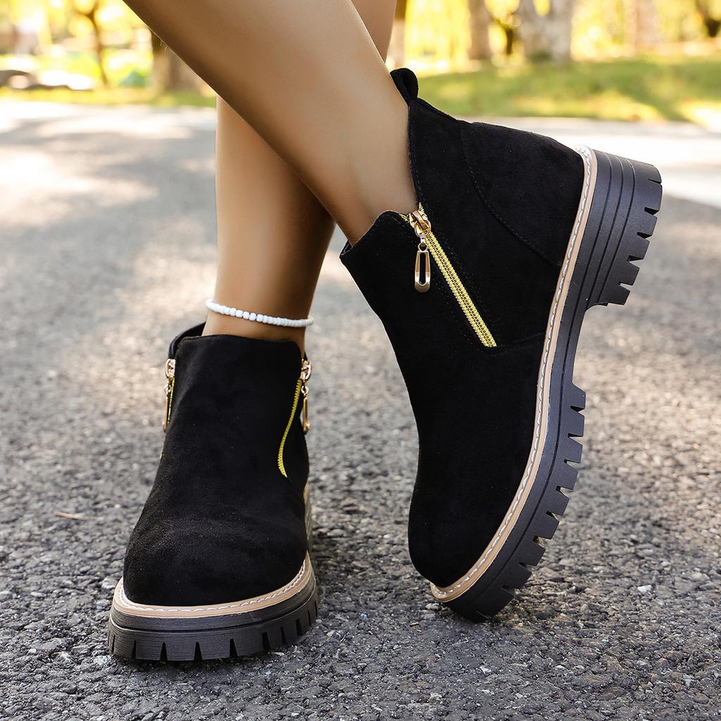 2025 Round Head Side Zipper Martin Boots Short Boots Thick Heel New Autumn and Winter Large Size Women's Short Boots 2025