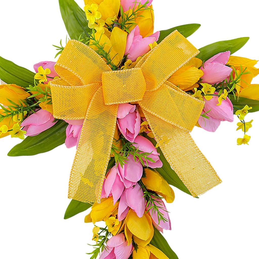 Artificial Flower Wreath Garland Hanger Easter Cross Wreath Tulip Door Wreath for Festival Front Door Indoor Window Housewarming