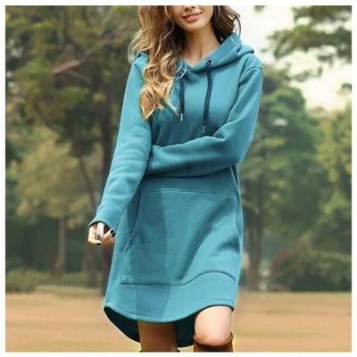 New Autumn and Winter Large Size Women's Loose Solid Color Pocket Long Sleeve Hoodie Dress