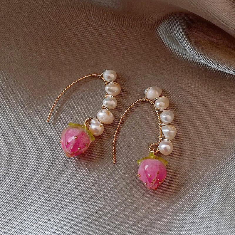 S925 Silver Needle Pink Flower Dangle Earrings with Imitation Pearls - Elegant & Sweet 2023 Design for Women
