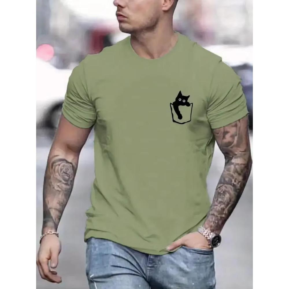 Kitty In The Pocket Pattern Printed Men's Micro Stretch Cotton T-Shirt, Graphic T-Shirt Men's Summer Clothing, Men's Clothing