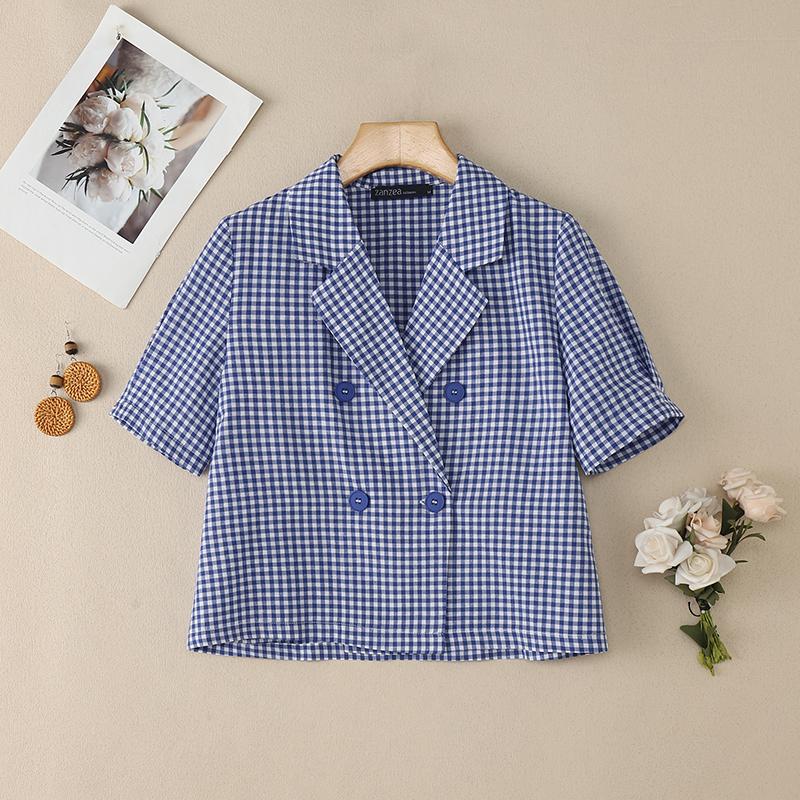 

ZANZEA Женская повседневная блузка в клетку с отложным воротником и коротким рукавом для лета 5XL синий