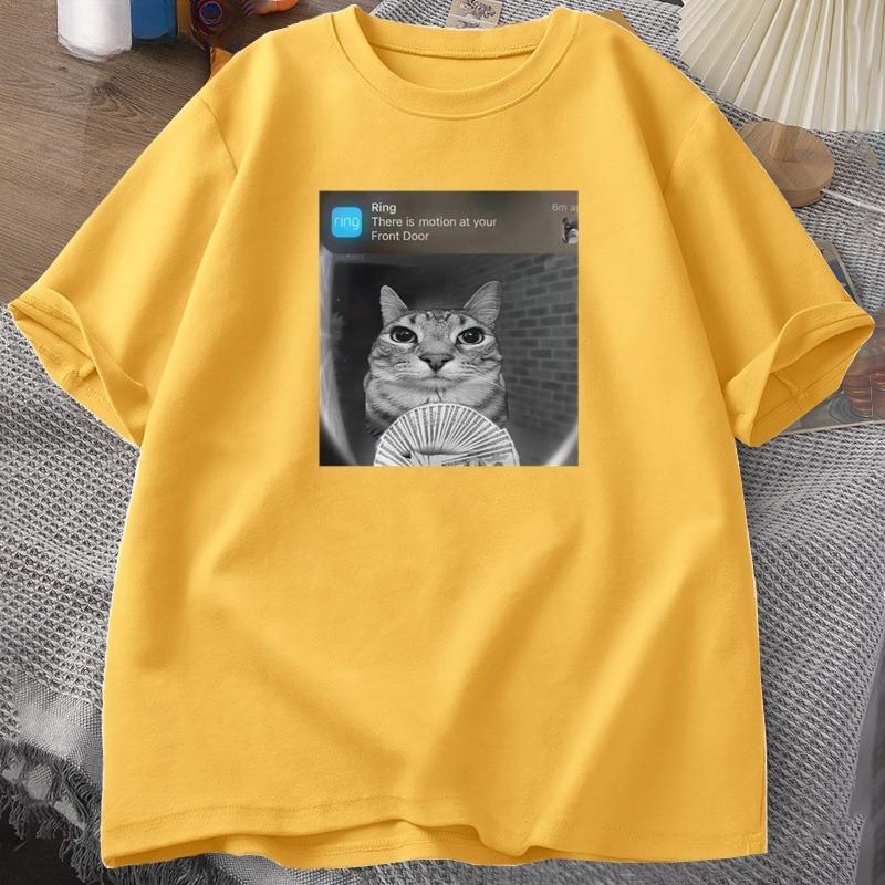 

There Is Motion At Your Front Door Funny Cat Meme Tshirts Parody Tees Casual Cotton Short Sleeve Printed Tshirts Women Clothes 4XL