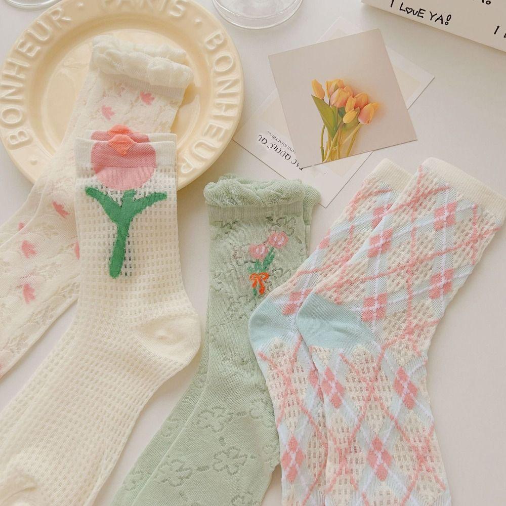 6Pairs Mesh Hollow Transparent Flower Socks Ruffle Sweet Socks Women Ins Style Mid Tube Socks  Lady