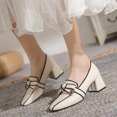 2024 2024 New 2024 French Retro High-heeled Genuine Leather Heels Lady Sandals Female Thick Heel Square Toe Pumps High Heels