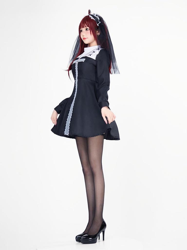 Cedar Eight Sexy Nun Gothic Lolita Halloween Sister Includes and Necklace Costume, Costume, Cosplay, 3-Piece Set, Dress, Veil, (XL)
