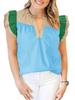 Damen Rüschen Color Block Tanktop V-Ausschnitt Plissiert Ärmellos Sommerbluse