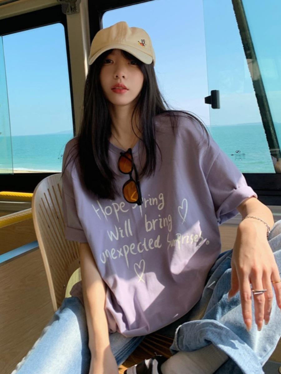 

Женская футболка с коротким рукавом и принтом большого размера - Облегающая, Свободная посадка, Летний топ, Молодящий, Белый. XL (Recommended 115-130 jin) фиолетовый