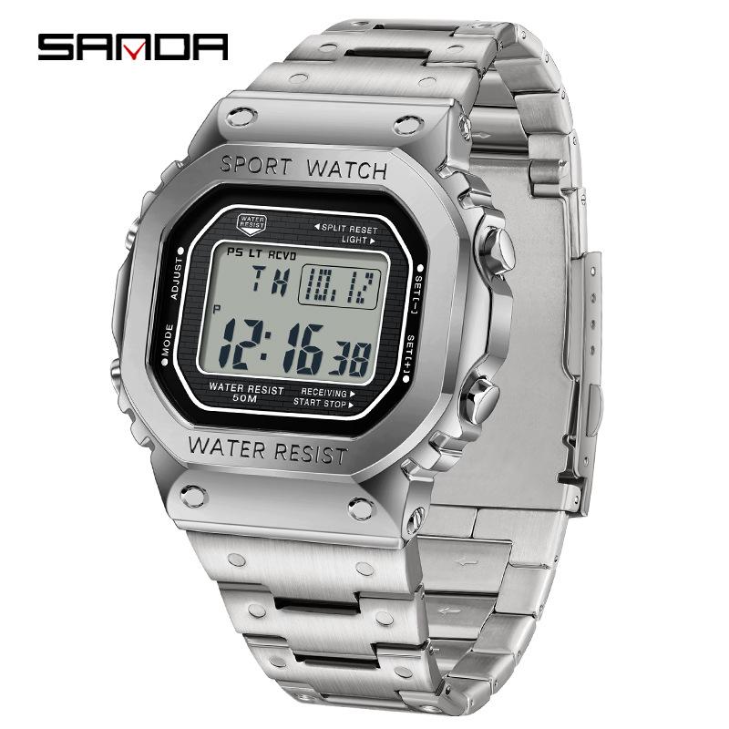 Sanda Men's Square Waterproof Electronic Watch with Fashionable Light and Alarm Clock.