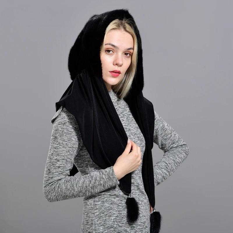 Mink Fur Hood Hats for Women Winter Warm Luxury Full Pelt Mink Fur Scarf Hat Stylish Fashionable Genuine Female Outdoor Snow Hat