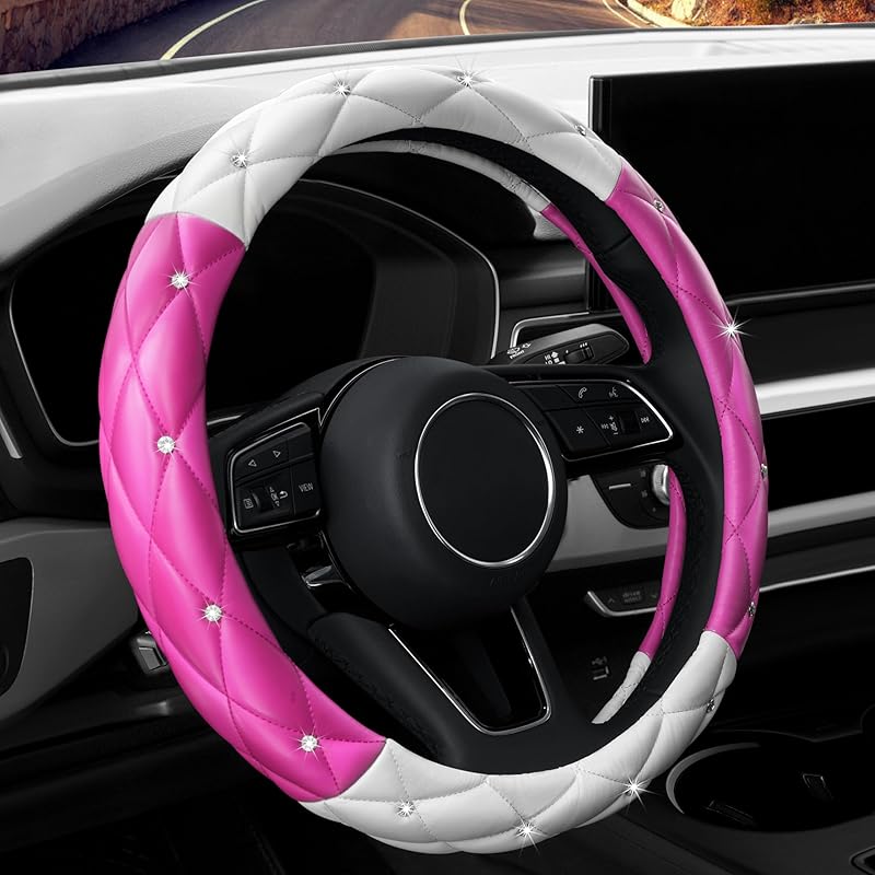 YOGURTCK Diamond Soft Leather Anti-Slip Steering Wheel Cover with Bling Bling Crystal Rhinestones, Universal 15 Inch for Women Girls, Fit Vehicles,
