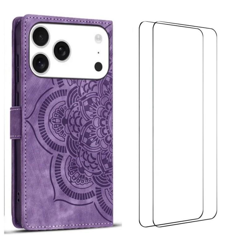 

For iPhone 17 Pro Max Case with 2Pcs Tempered Glass WANLONFENG MTL Series Mandala Leather Phone Cover Purple