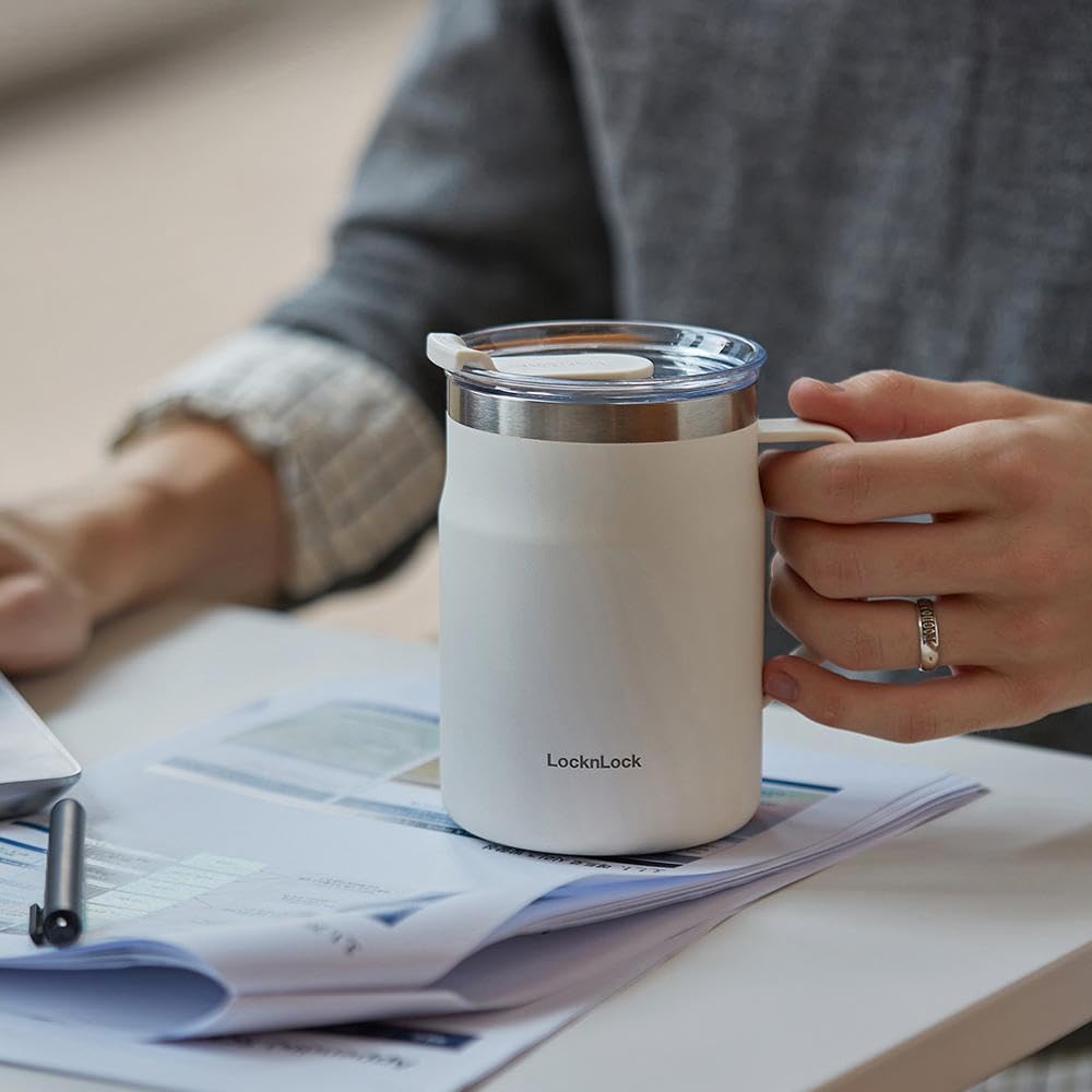 Bestco Lock Lock Metro Mug with Stainless LHC4219NWHT & Lid, Insulated, Steel, 475ml, White,