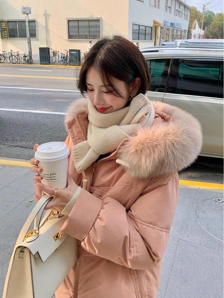 2025 Women's Korean Style Winter Down Jacket: Mid-Length, Hooded, with Large Fur Collar, Loose Fit, Thick and Warm.