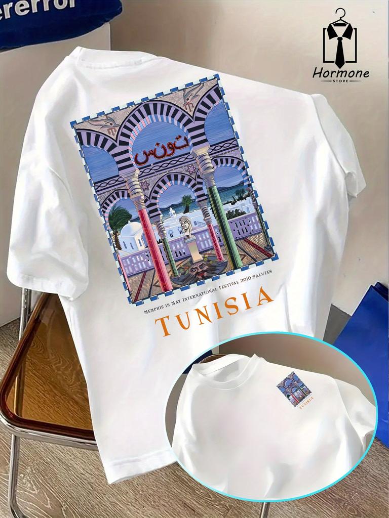 Pánské černé tričko s potiskem Festival tuniské hudby - Ležérní kulatý výstřih, krátký rukáv, letní móda, tuniská grafika