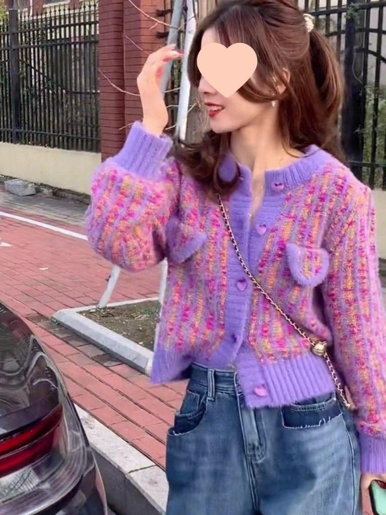 Women's Purple French Style Retro Knitted Cardigan - Autumn/Winter, Long Sleeve, Thickened, Short Round Neck Sweater