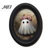 Easy Install Adhesive Wall Sign Halloween Gothic Oval Wooden Hanging Plaque, Vintage Framed Black Cat Little Party Background Ghost Sign, Waterproof