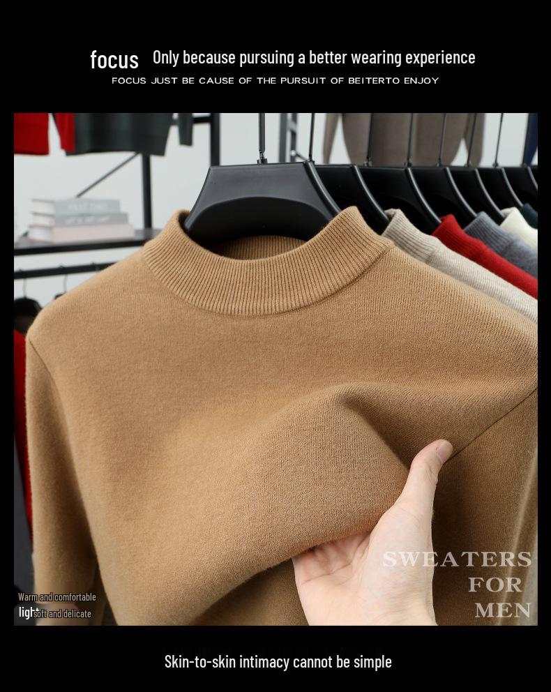 Men's Velvet Knit Sweater - Warm Half-High Collar, Thickened Base Layer