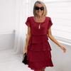 New Summer Short-sleeved Cake Skirt Solid Color Crew Neck Dress for Women