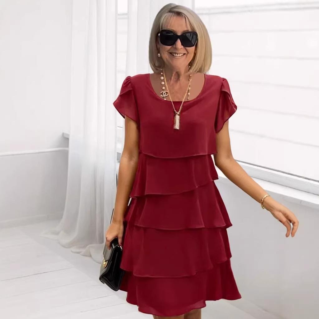 New Summer Short-sleeved Cake Skirt Solid Color Crew Neck Dress for Women