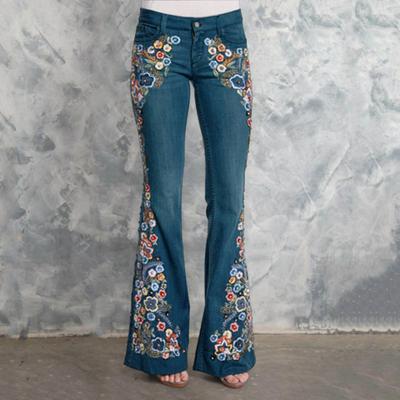 Damen Jeans Gewaschene Blumenbestickte Lange Slim Fit Hohe Taille Passt zu Top Vintage