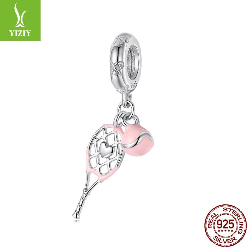 Pink Sports Series S925 Sterling Silver Pendant Accessories, Pink Girls Heart Tennis Volleyball Diy Beads