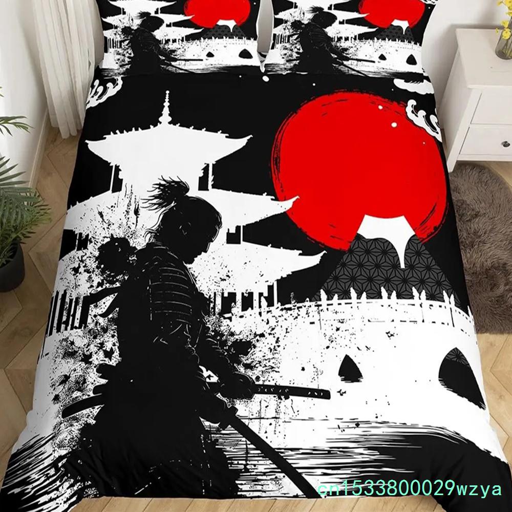 Japanese Samurai Bedding Set Full Size Cherry Blossoms Comforter Cover Red Sun Hokusai Duvet Cover Fuji Mountain Quilt Cover