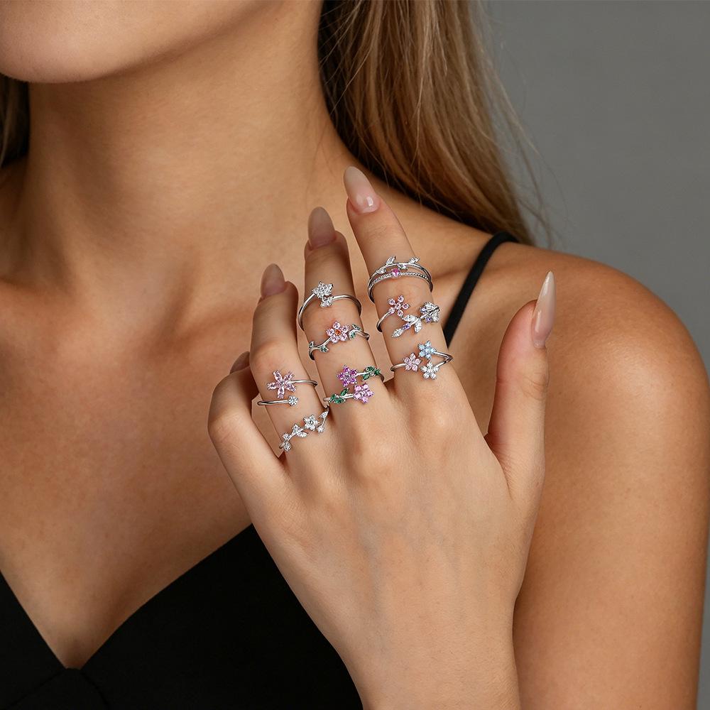 S925 Sterling Silver Mori Floral Leaf Open Adjustable Ring for Women - Sweet Niche Design