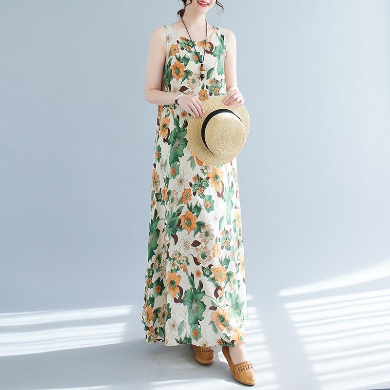 Real Shot Summer New Bohemian Loose Cotton and Linen Print Sleeveless Dress Women's Vest Skirt