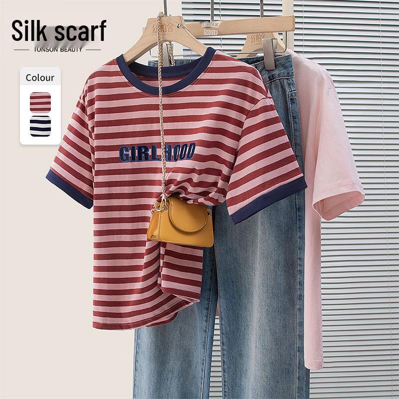 Siberian Women s Striped Letter Loose Round Neck T-Shirt L