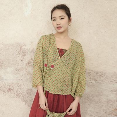 Women Chinese Style Shirts Tops V-Neck Nine Sleeve Blouses Summer Print Floral Women Vintage Shirts