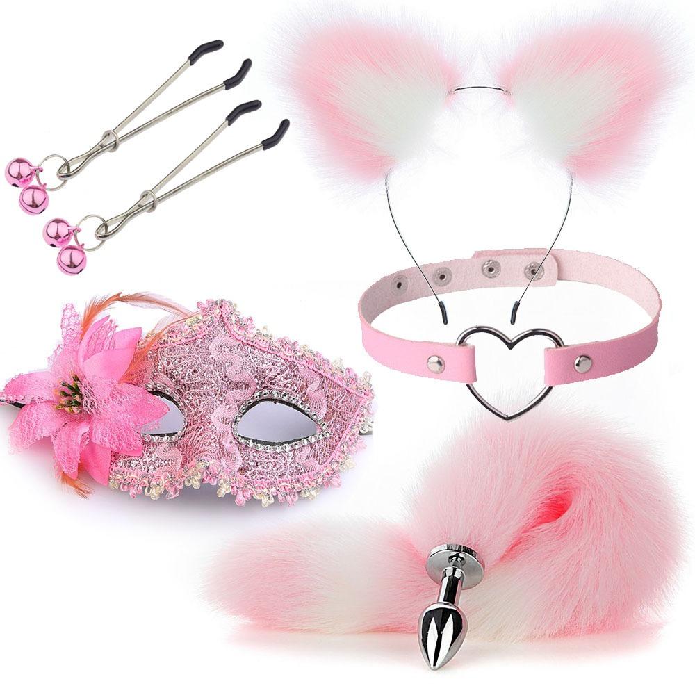 Erotic Mask Ear Hairpin Vestibule Anal Plug Female Device Supplies Sm Metal Erotic Set Foxtail Six-Piece Set