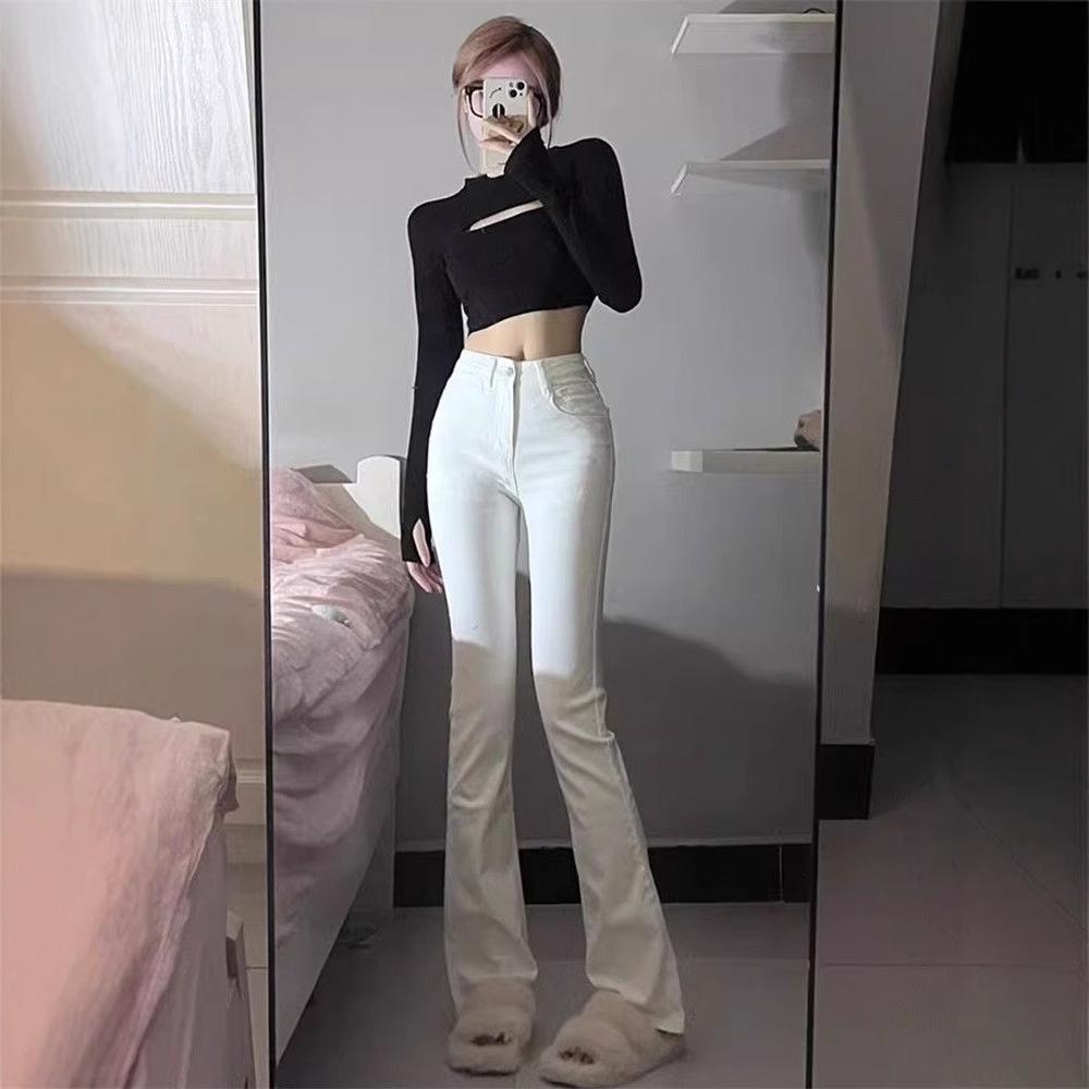 White High-Waisted Elastic Micro-Flare Jeans: Slimming, Floor-Sweeping, Perfect for Spring & Autumn